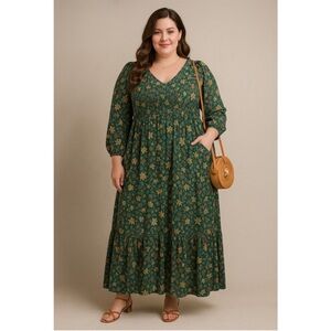 Torrid Dress Women 1X Green Floral Smocked Bodice Boho
Cottagecore Peasant Midi